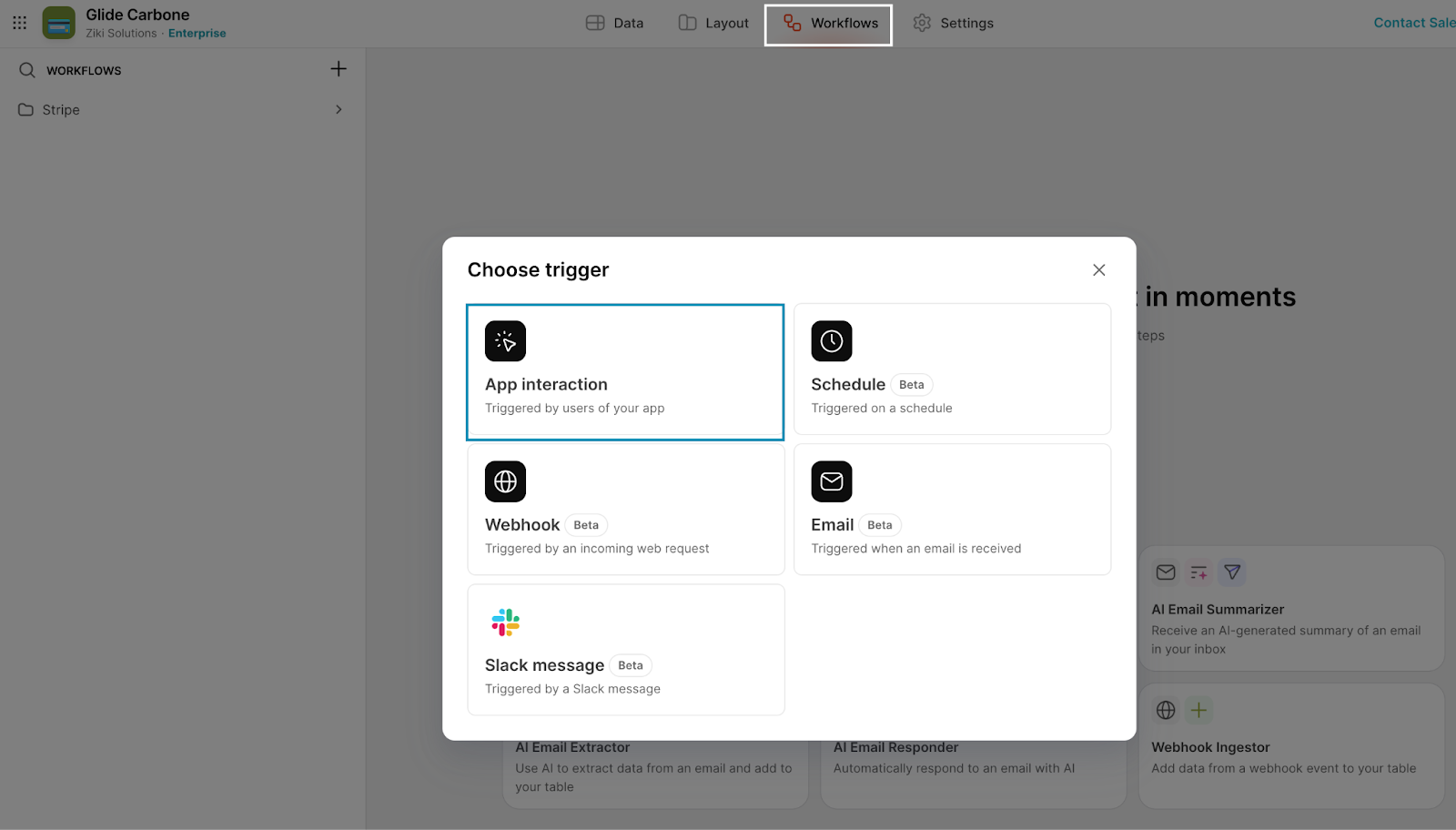 Modal box for choosing a trigger when adding a new Workflow in Glide. The App Interaction option has been highlighted.