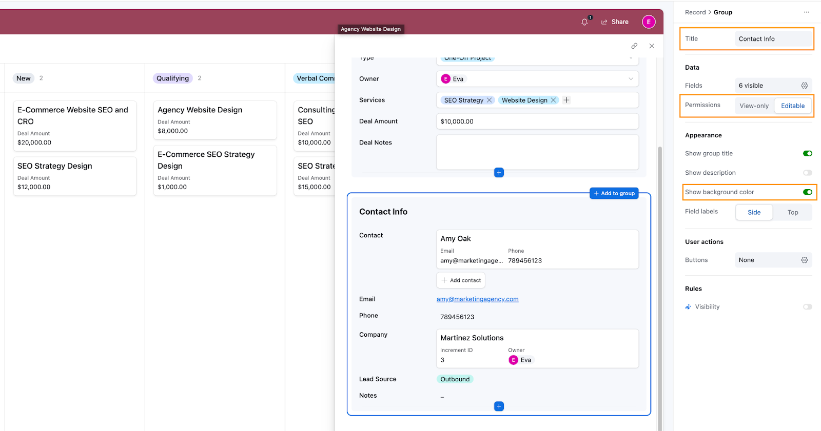 A group called Contact Info (and it's associated fields) for an Airtable record. Here Permissions have been set to Editable in Group settings.