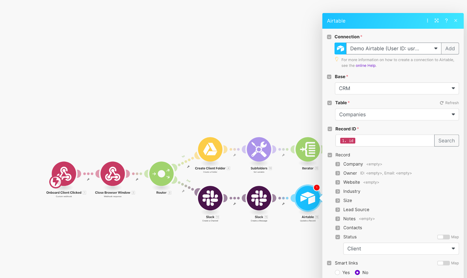 A Make scenario with the configuration modal open for an Airtable module which updates a record in an Airtable database.