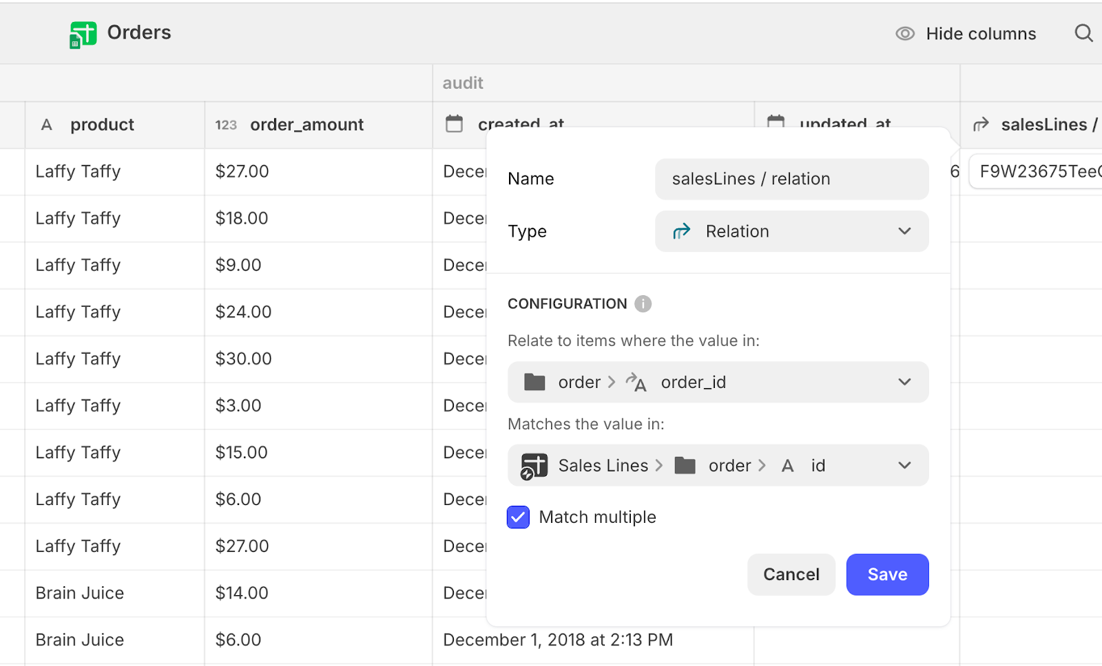 Configuration settings for a Relation column in a Glide database called Orders.