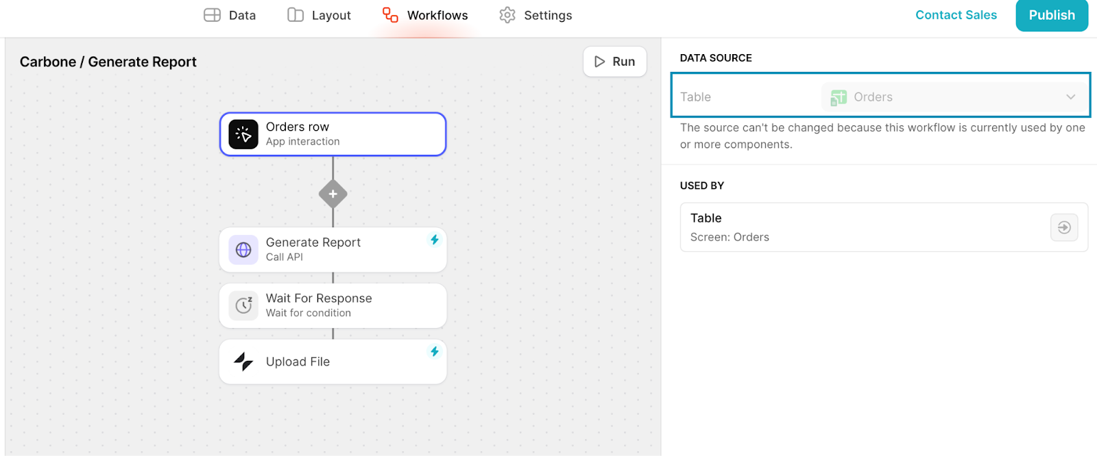 A Glide Workflow, called Carbone / Generate Report. The trigger (App Interaction) and data source (Table called Orders) have been highlighted.