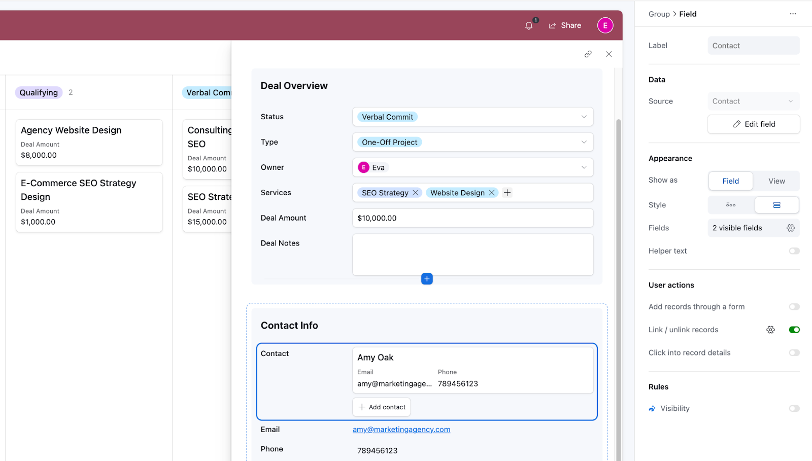 A group called Contact Info (and it's associated fields) for an Airtable record. Field settings for the Contact field are open in the right sidebar.