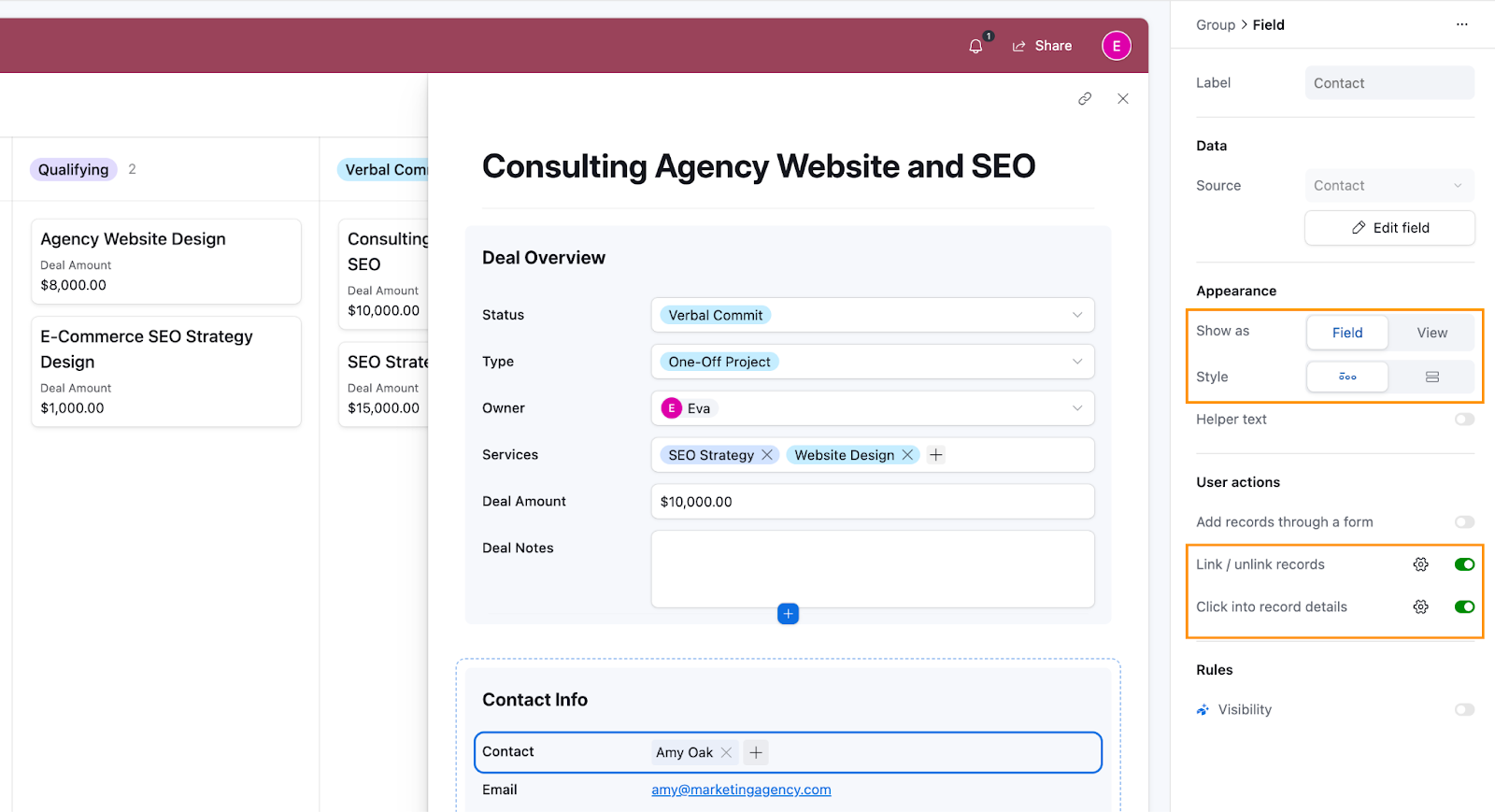 A group called Contact Info (and it's associated fields) for an Airtable record. Field settings for the Contact field are open in the right sidebar.