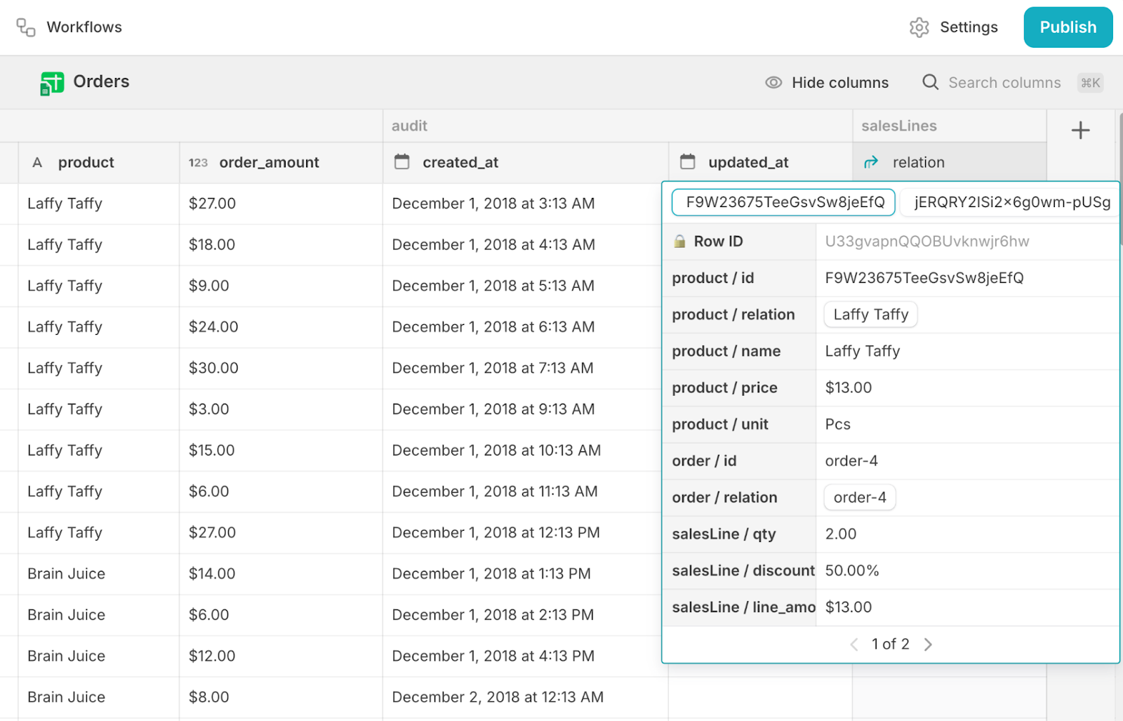 A Glide database, called Orders, with an entry from the Relation column highlighted.