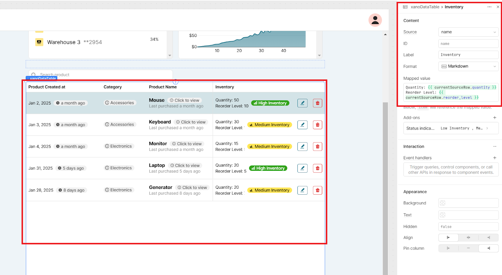 A Retool workspace with a table and the settings for the Inventory column of the table highlighted on the right side.