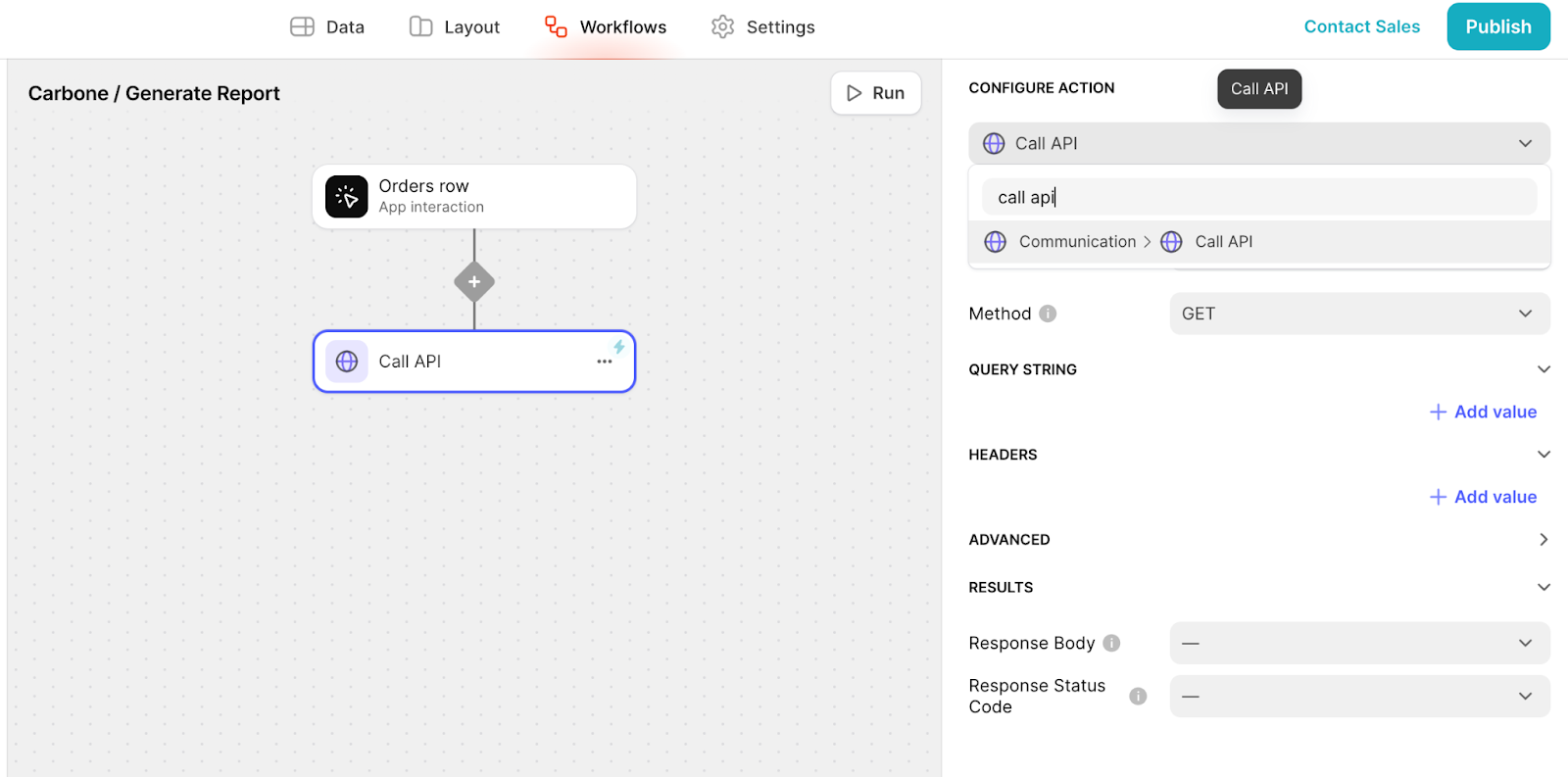 A Glide Workflow, called Carbone / Generate Report, with the configuration settings for a Call API action open in the right sidebar.