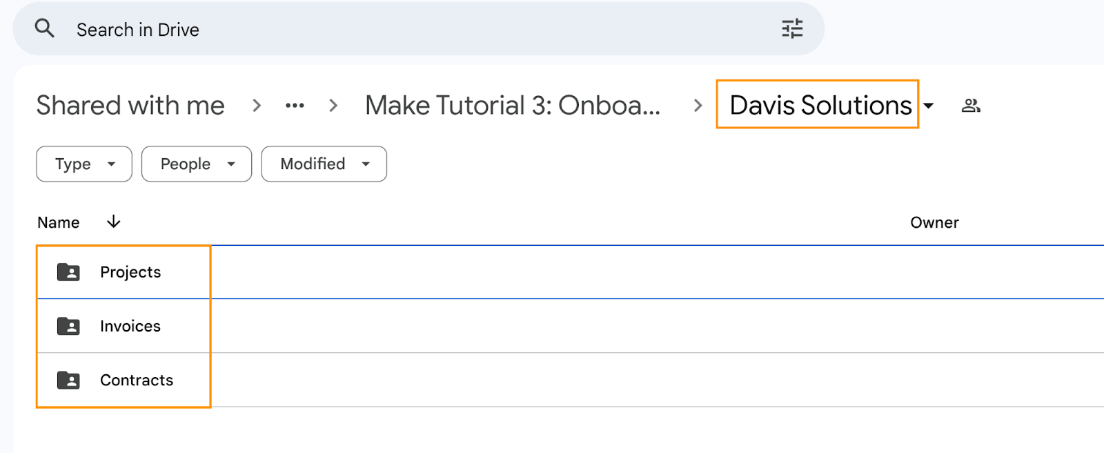 A Google Drive folder, called David Solutions, which contains three subfolders, called Projects, Invoices and Contracts.