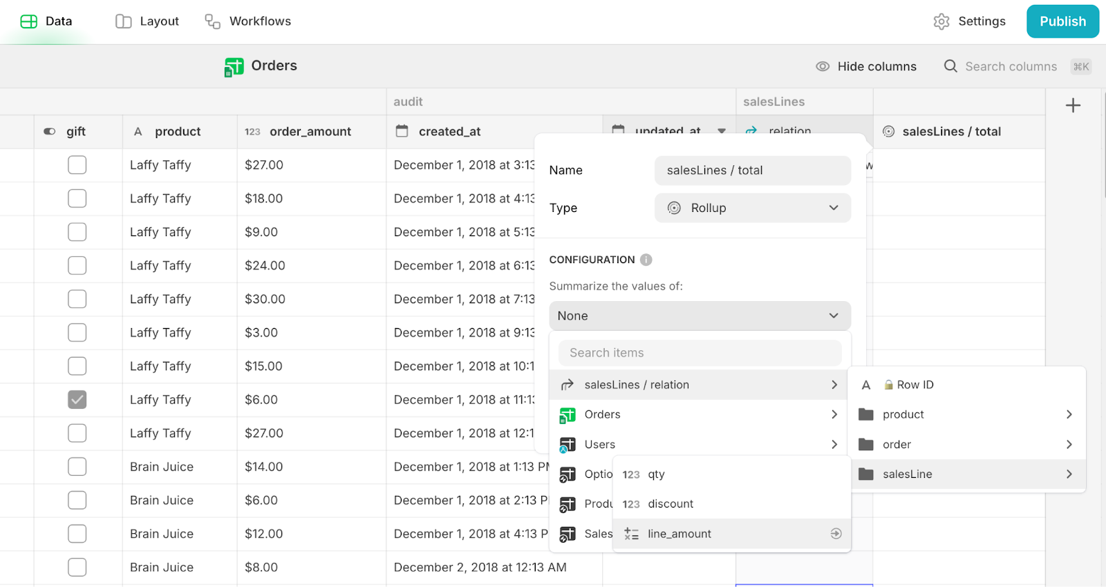 Adding a Rollup column, called total, to an Orders database in Glide. Configuration is set to Summarize the values of a column called line_amount.