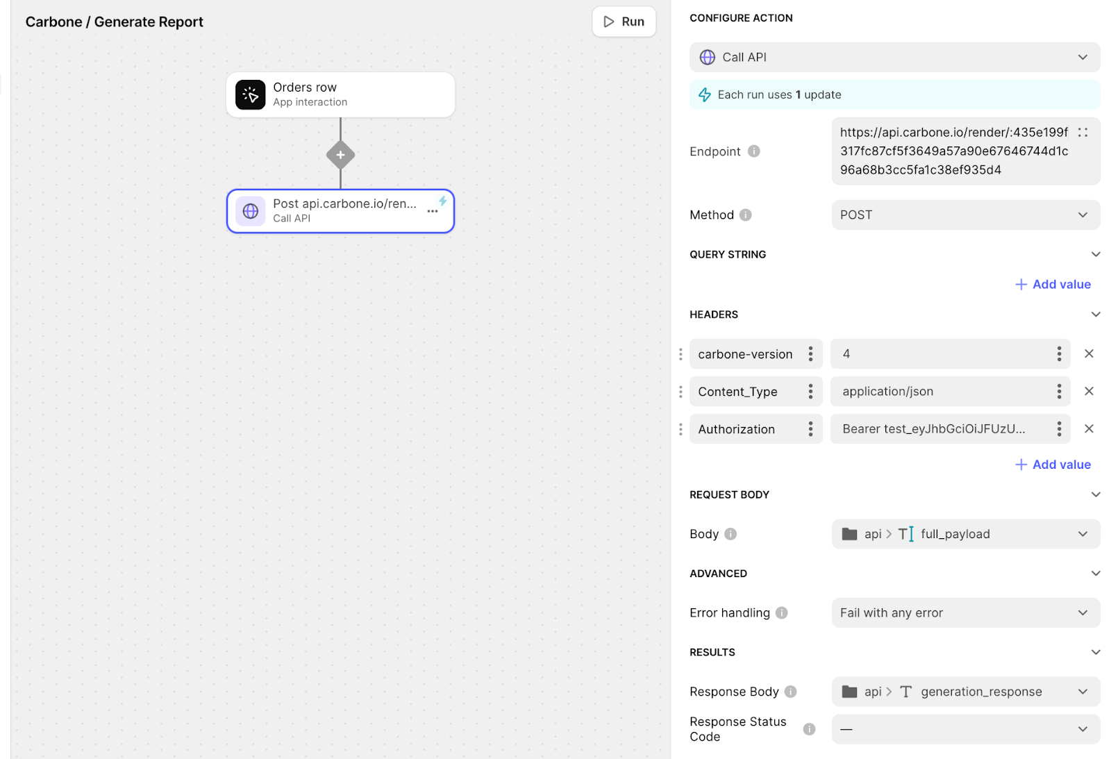 A Glide Workflow, called Carbone / Generate Report, with the configuration settings for a Call API action open in the right sidebar.