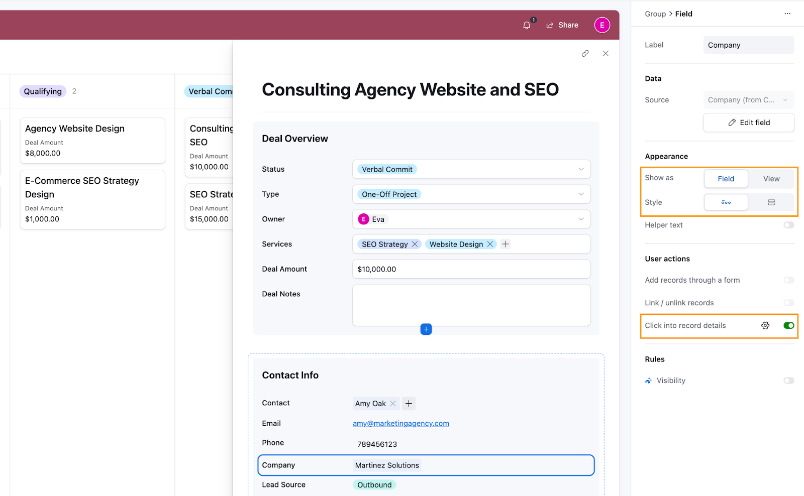 A group called Contact Info (and it's associated fields) for an Airtable record. Field settings for the Company field are open in the right sidebar.