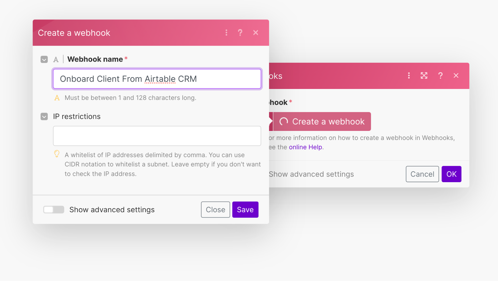 Webhook setup form in Make. Onboard Client from Airtable CRM has been entered as the Webhook name.