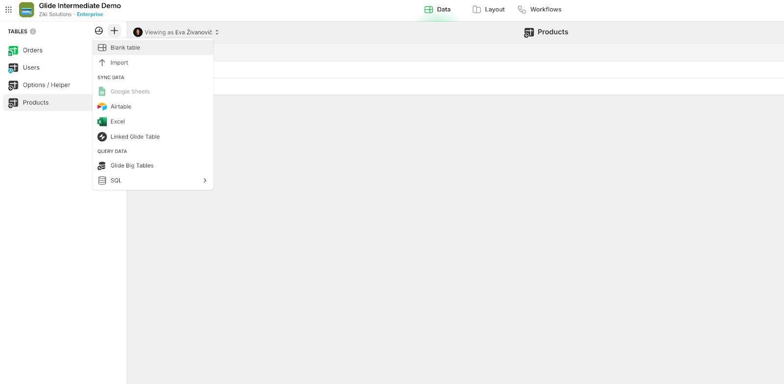 Adding a new table, named Products, in the Glide app builder.