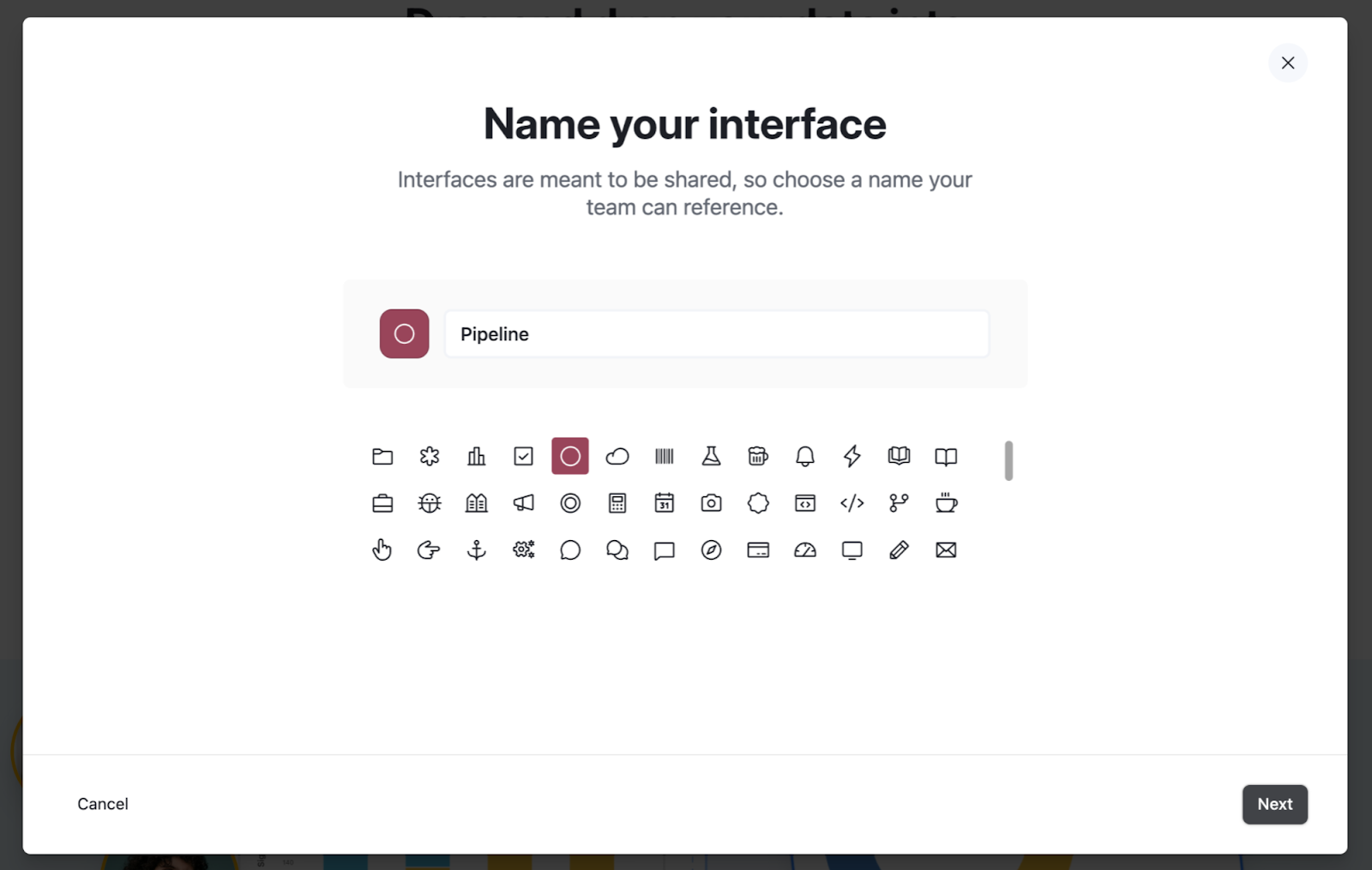 Airtable dialogue box for naming your interface. Pipeline has been entered in the name value box.