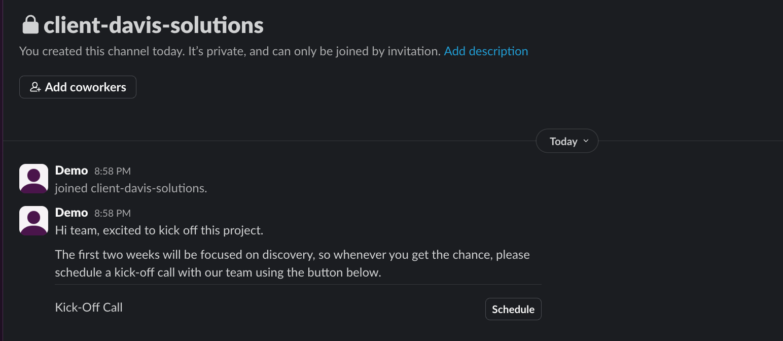 A Slack channel called client-davis-solutions containing a welcome message.