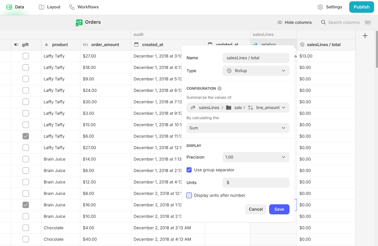 Adding a Rollup column, called total, to an Orders database in Glide. Adding a Rollup column, called total, to an Orders database in Glide. Configuration is set to Sum the values of a column called line_amount.