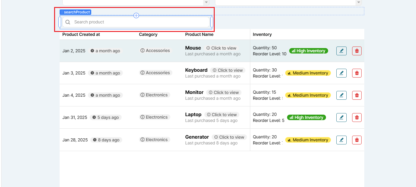 A Retool workspace containing a table and a text input component, called searchProduct, which is highlighted.