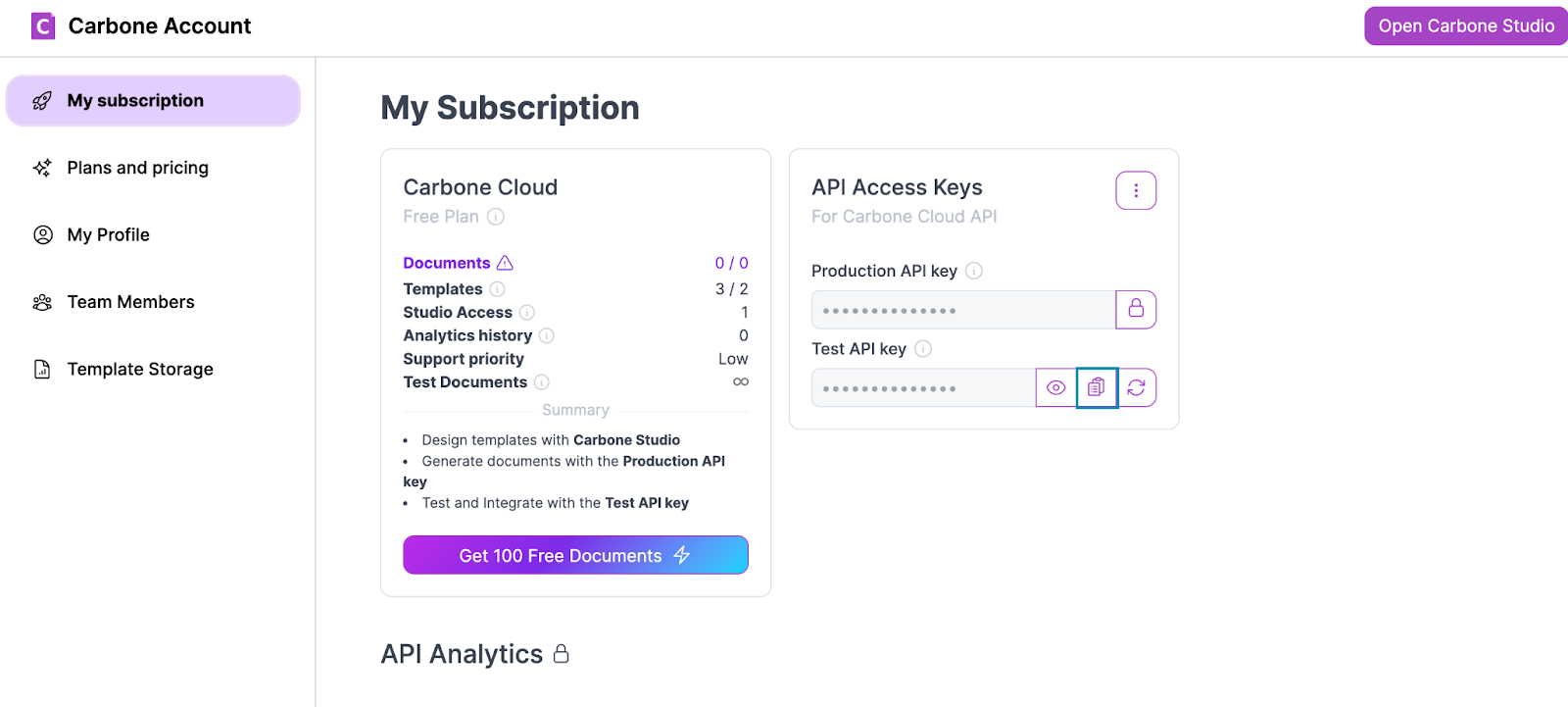 The Carbone Account "My Subscription" page, showing Carbone Cloud information and API Access Keys.