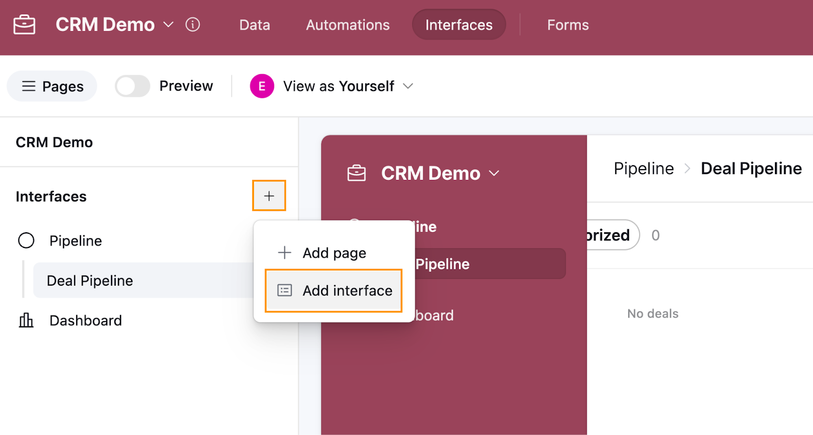 An Airtable workspace called CRM Demo containing two interfaces, Pipeline and Dashboard.