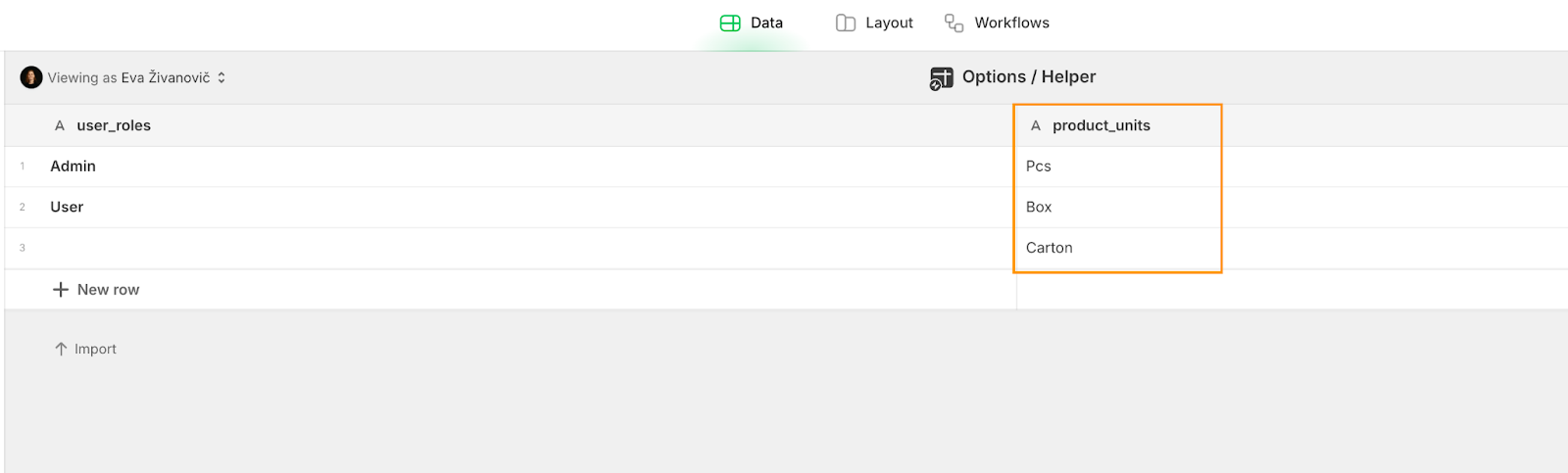 A database in Glide, called Options/Helper, with a column, called product_units, highlighted.
