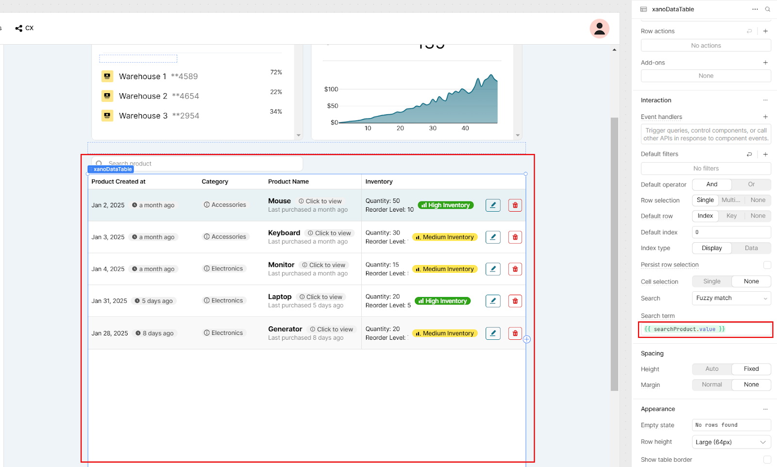 A Retool workspace containing a table with the table settings open in the right sidebar. The Search term value box is highlighted.