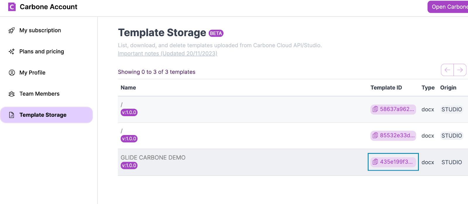 The Carbone Account "Template Storage" page. The Template ID for Glide Carbone Demo has been highlighted.