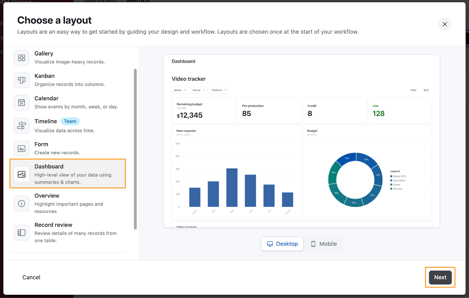 Airtable space for choosing your interface layout. Here the Dashboard option is highlighted.