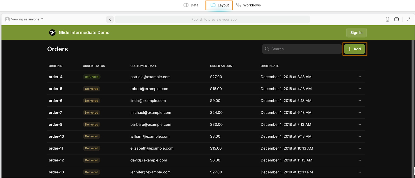 The Glide UI designer, containing a table called Orders, a Sign-In button, a search box and an Add button. The Layout tab button is highlighted as is the Add button.