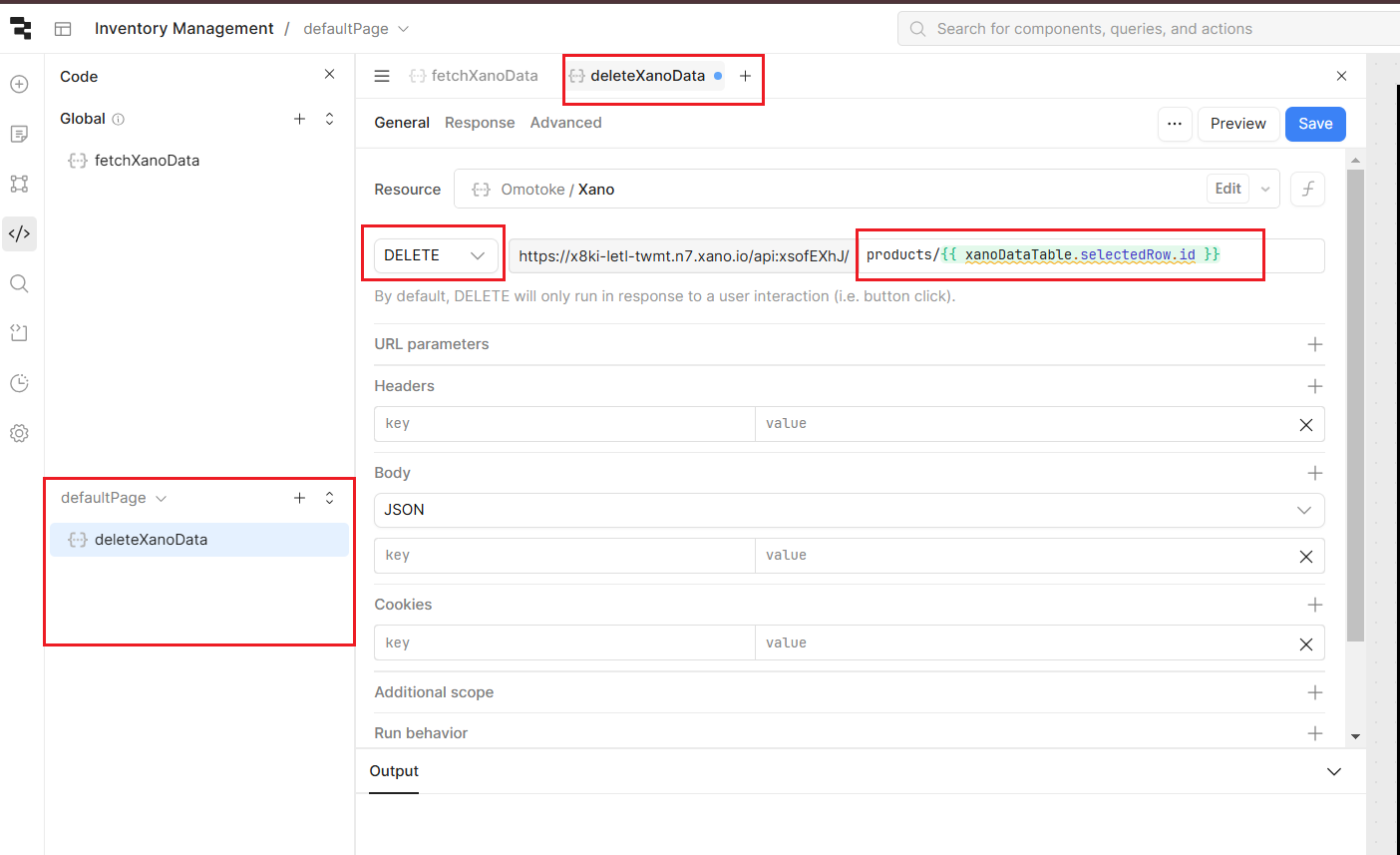 The General settings for a Resources query, called deleteXanoData, in Retool.