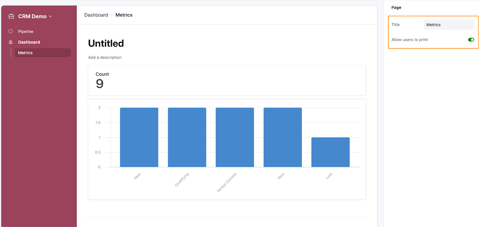 An Airtable workspace called CRM Demo with an interface called Dashboard shown in the middle frame and the settings for a page called Metrics open in the right sidebar, with the option to allow users to print toggled on.