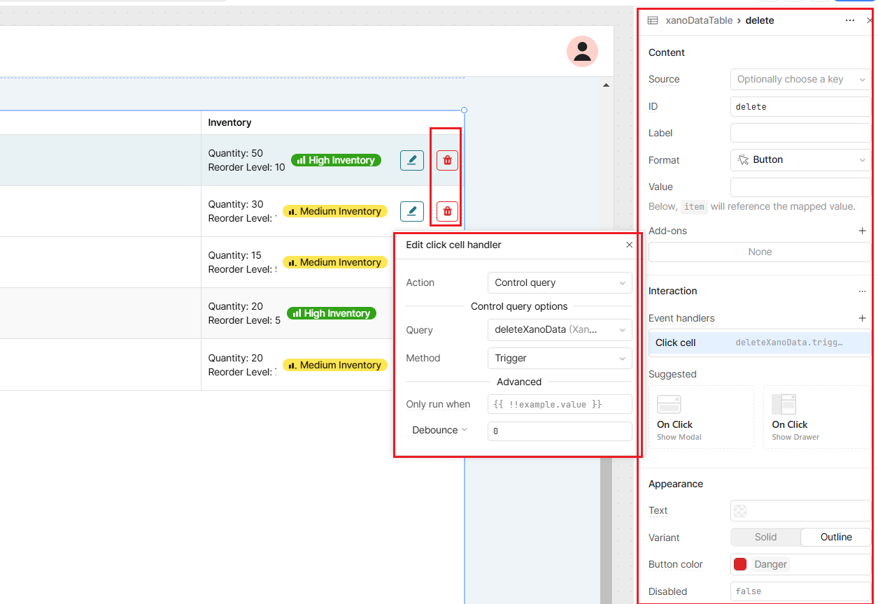 A Retool table with a column called delete highlighted and the settings for the column in the right sidebar.