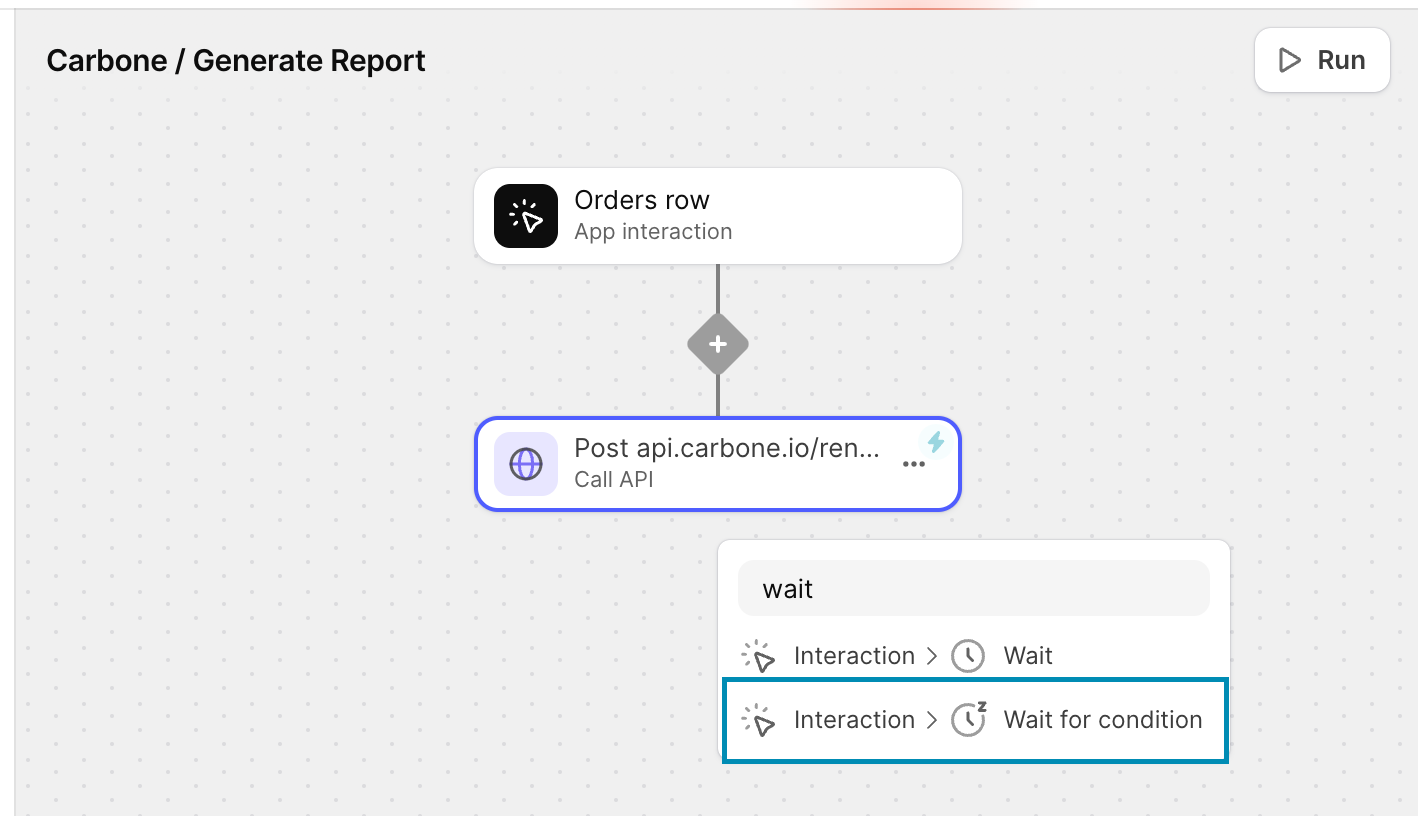 Adding a "Wait for Condition" step to a Glide Workflow.