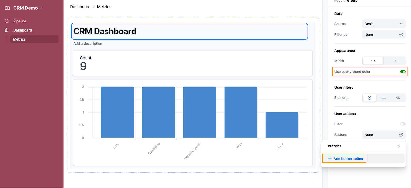 An Airtable workspace called CRM Demo. The middle pane contains a dashboard interface with a group called CRM Dashboard and it's corresponding settings are open in the right sidebar. Add button action is highlighted under the group's settings.