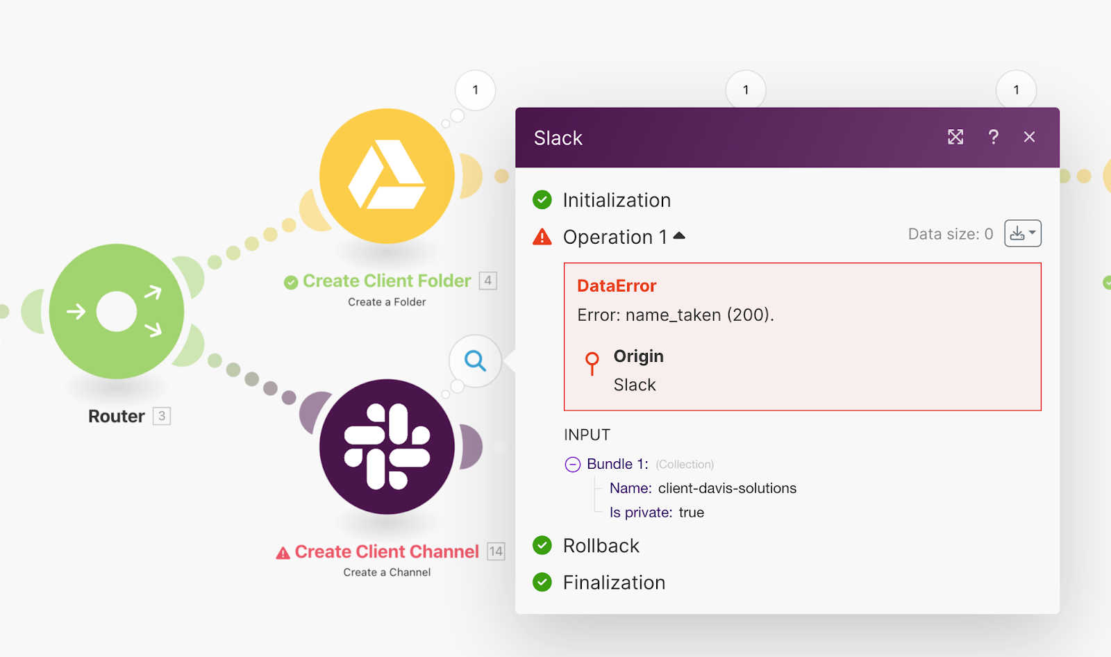 A Make scenario with an error output box open for the Create a Slack channel module.