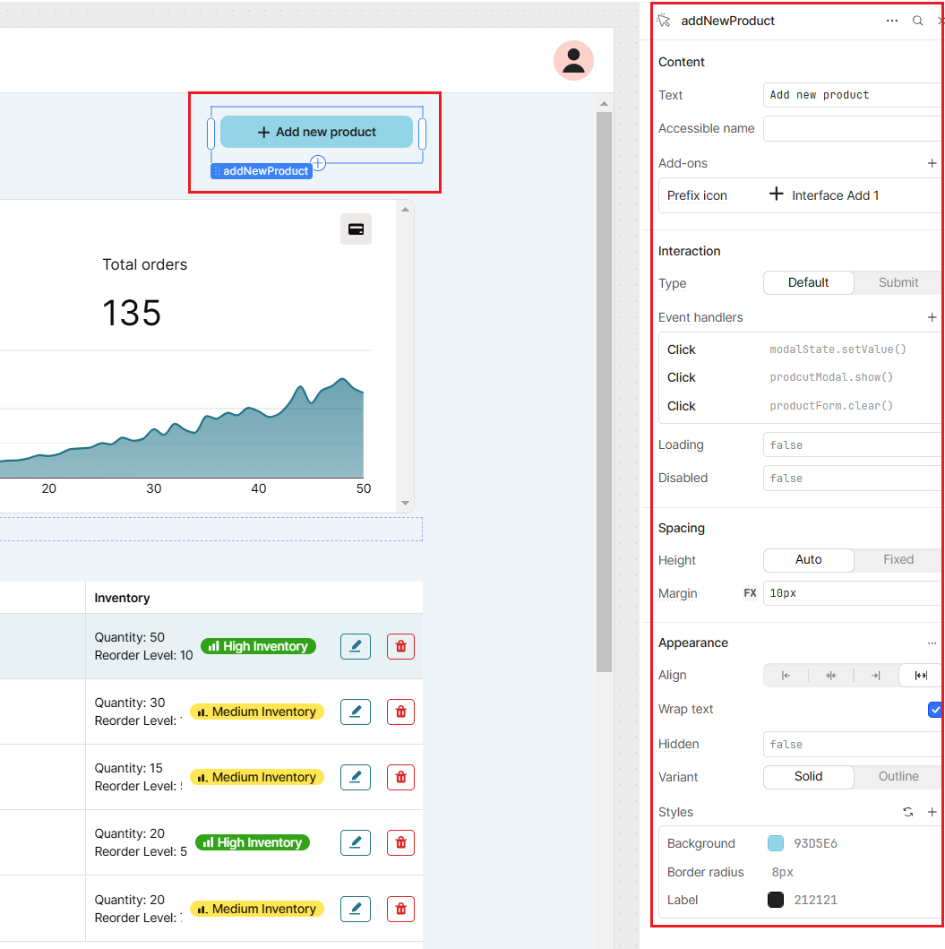 A Retool workspace containing a button, called addNewProduct. The settings for the button are in the right sidebar.