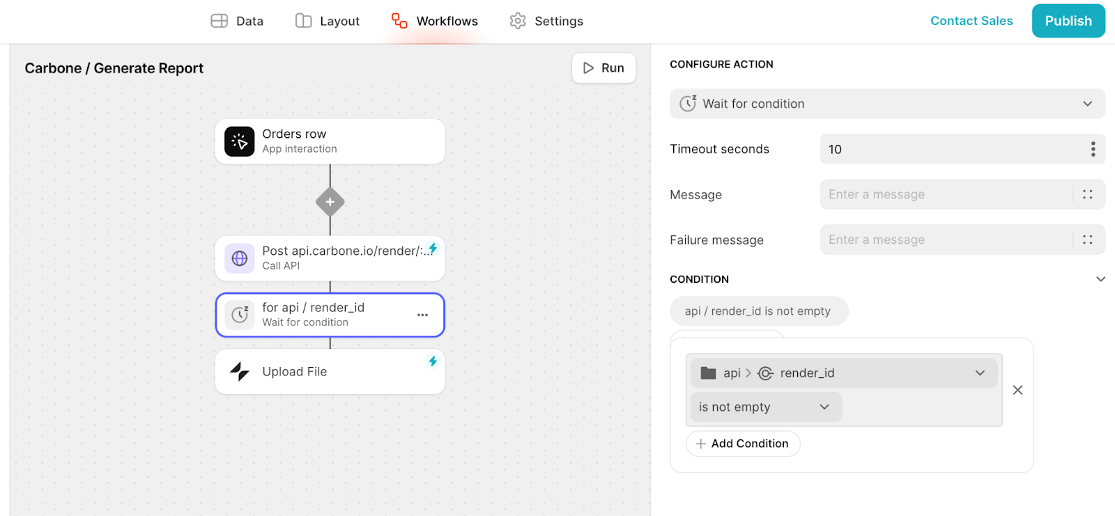 A Glide Workflow, called Carbone / Generate Report. The "Wait for condition" step is highlighted and the configuration settings for that step are open in the right sidebar.