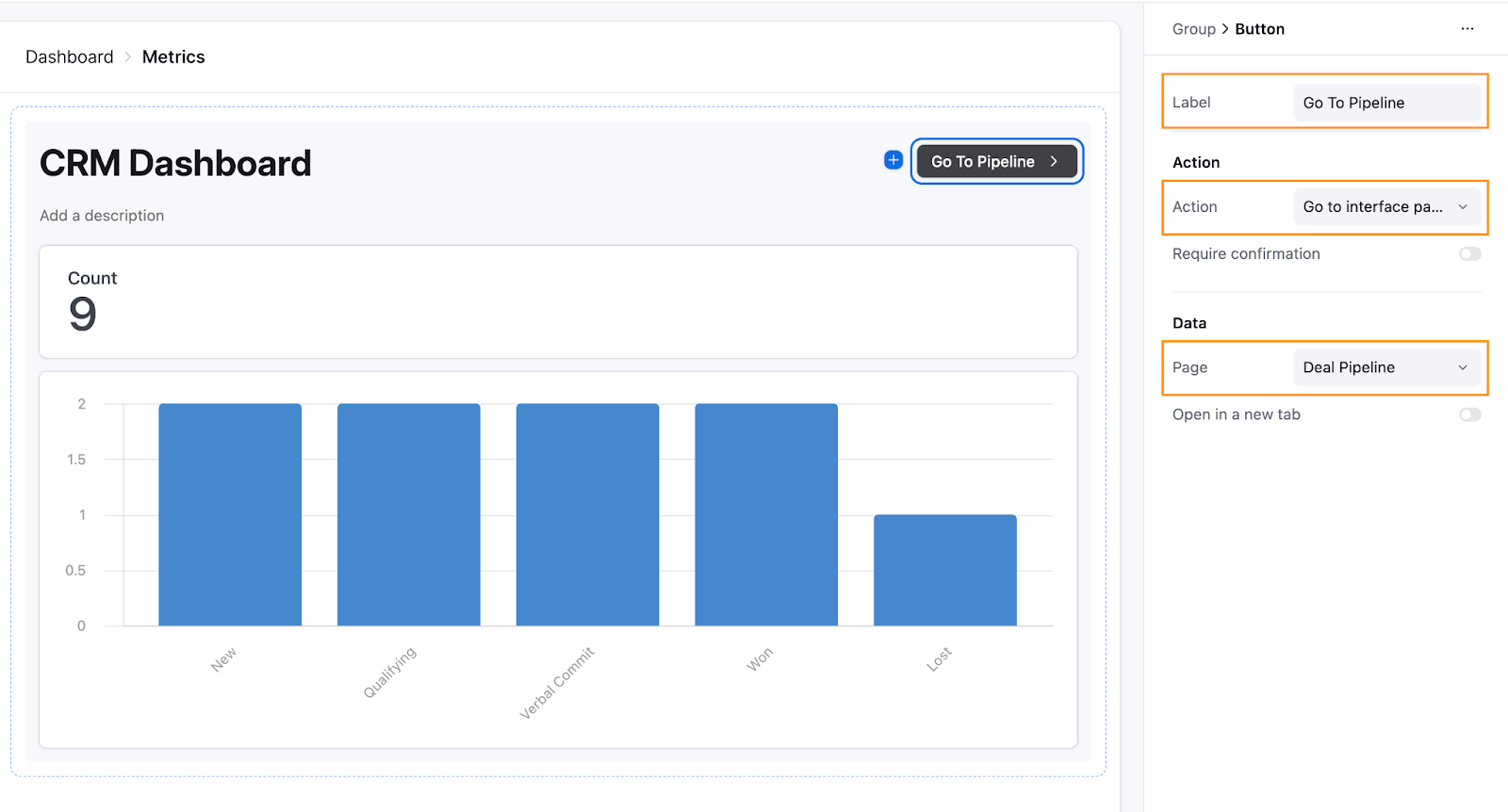 A group in an Airtable dashboard interface with a button in the upper right corner and the settings for the button open in the right sidebar. Go to Pipeline has been entered as the button label, Go to interface page is selected as the Action and Deal Pipeline is selected as the Page.