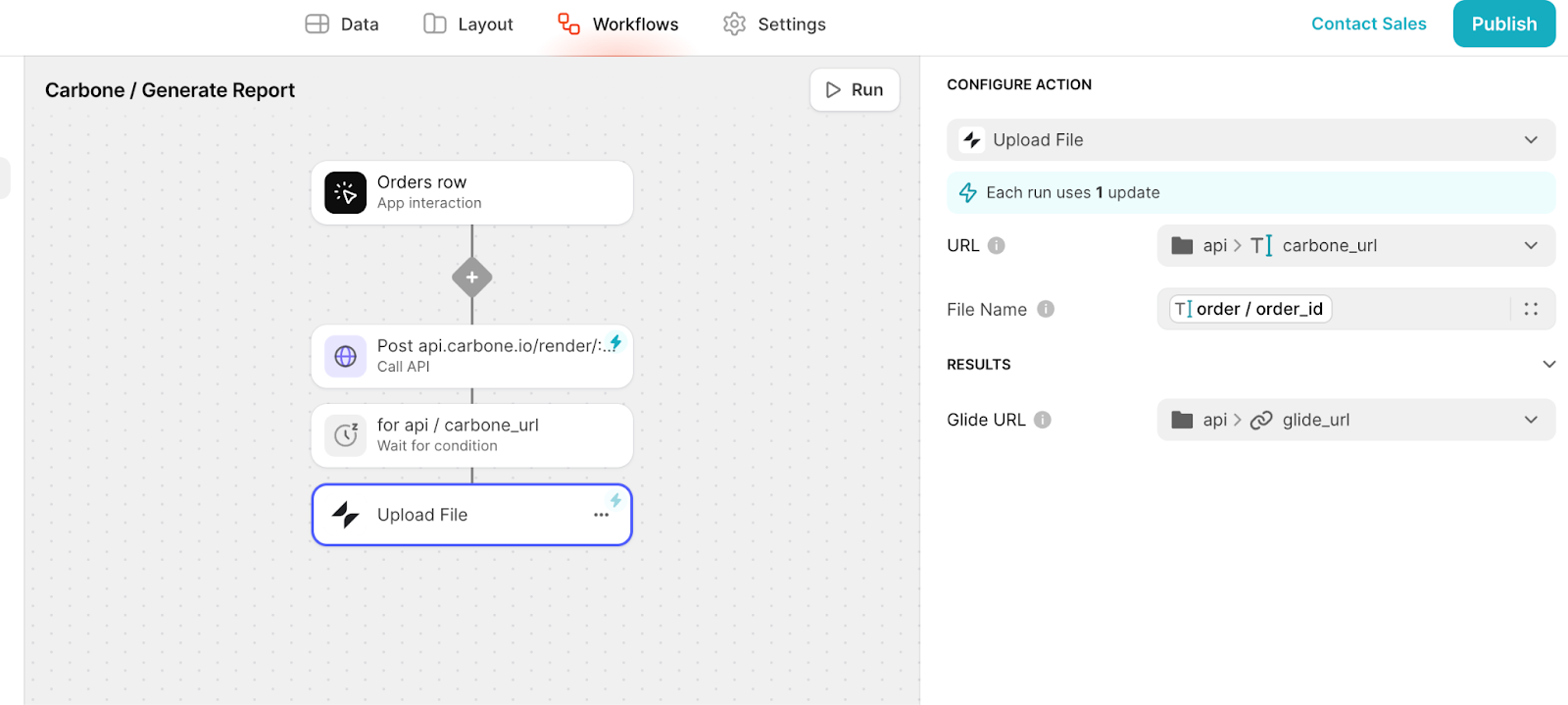 A Glide Workflow, called Carbone / Generate Report. The "Upload File" action is highlighted and the configuration settings for that action are open in the right sidebar.