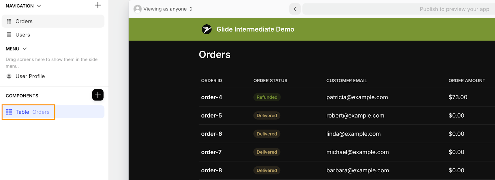 How to open a component's settings in the Glide UI designer.