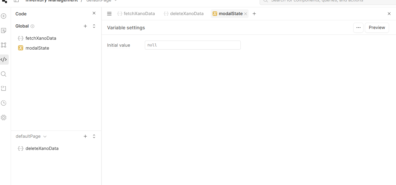 The code section of a Retool Workspace containing two queries (fetchXanoData and deleteXanodata) and a variable (modalState).