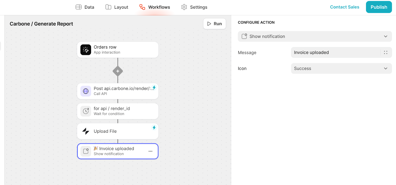 A Glide Workflow, called Carbone / Generate Report. The "Show notification" action is highlighted and the configuration settings for that action are open in the right sidebar.