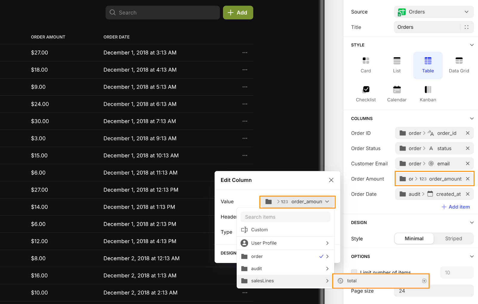 How to edit a column value in a Glide table using the configuration panel for the Table component in the UI designer.