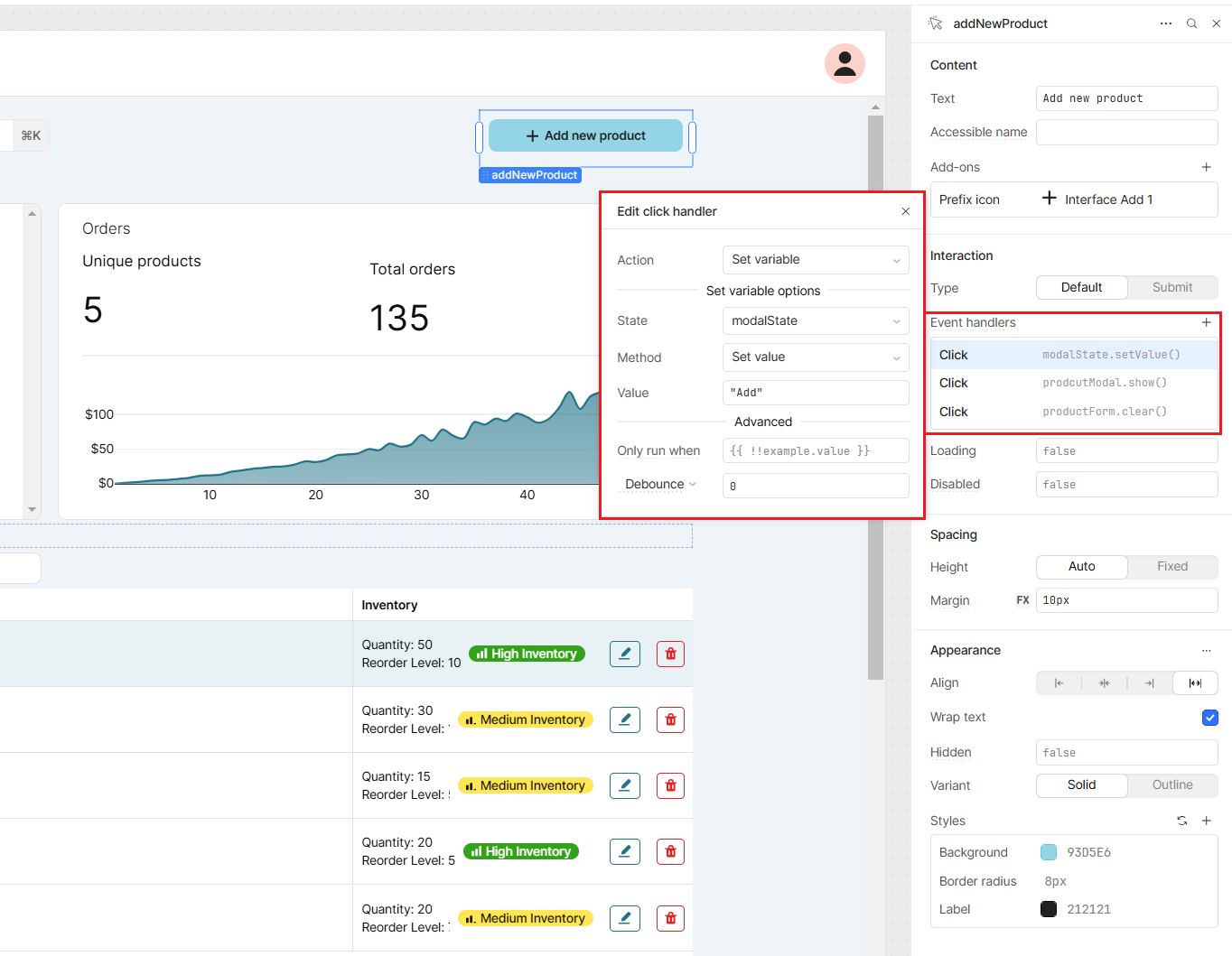 A Retool workspace with the settings for a button, called addNewProduct, open in the right sidebar. The settings for a Set variable event handler are highlighted.