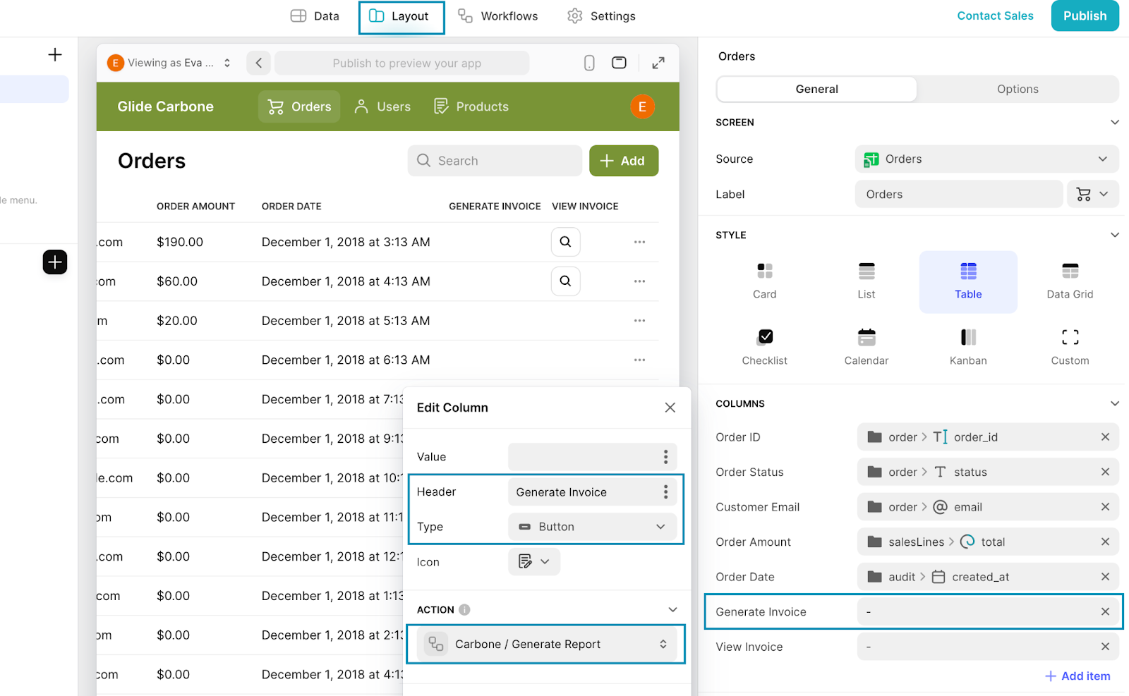 Glide's Layout editor, containing a table called Orders and the configuration settings for the table in the right sidebar. The Edit Column settings for the Generate Invoice column are shown.