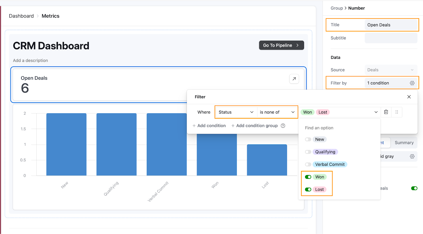 An Airtable dashboard interface containing a Number element, called Open Deals, which is being filtered by the condition that the Status is neither Won nor Lost.