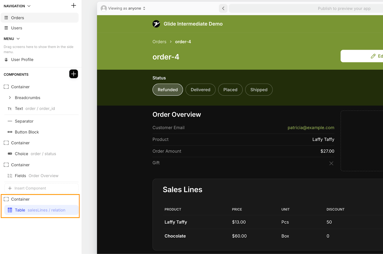 Adding a Table component inside a Container component in Glide's UI designer.