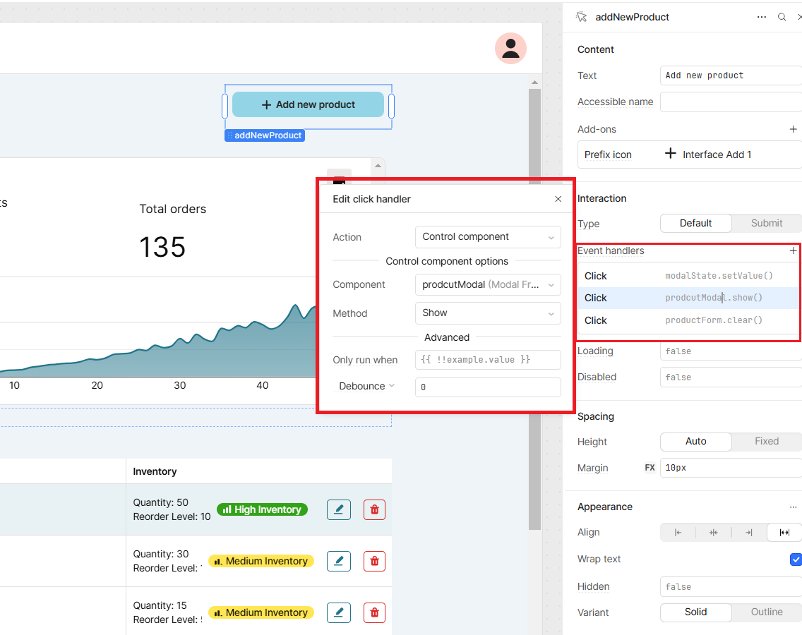 A Retool workspace with the settings for a button, called addNewProduct, open in the right sidebar. The settings for a Control component event handler are highlighted.