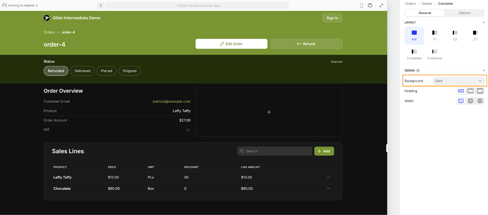 How to edit the background of a Container component in Glide's UI designer. Here the Container background has been set to Card.