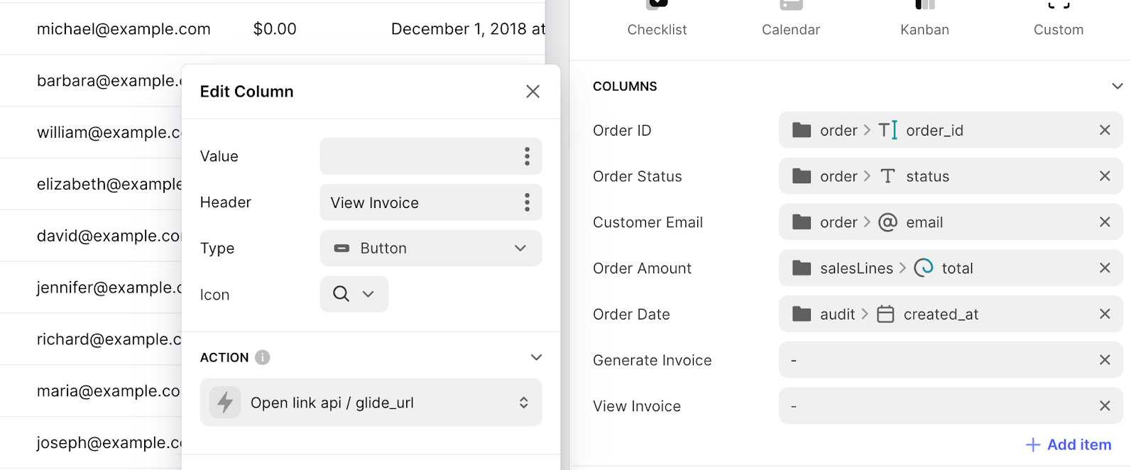 Adding a button-type column to a Glide database, called View Invoice. The button is set to open a link when clicked.
