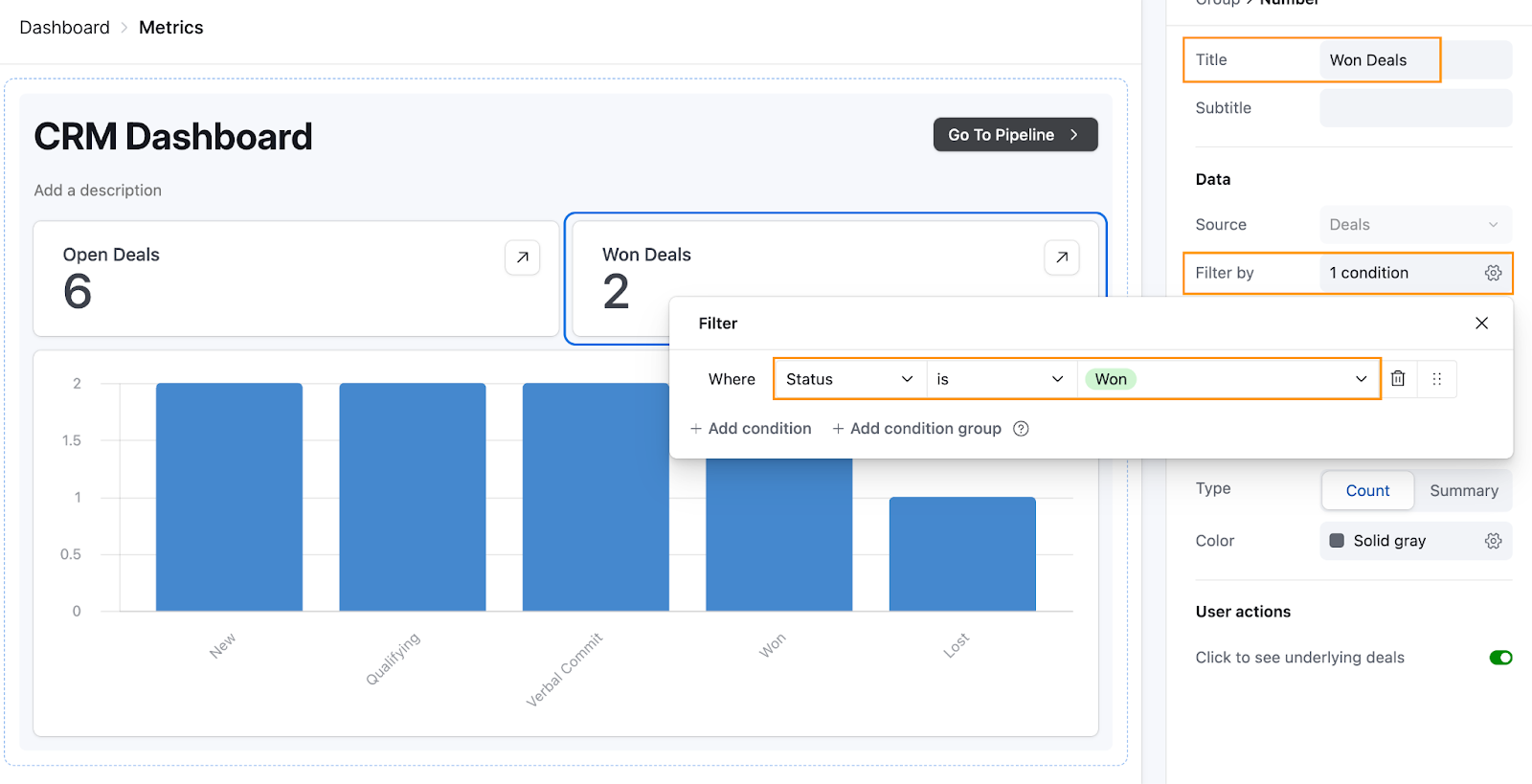 An Airtable dashboard interface with a Number element, called Won Deals, that is being filtered by the condition that the deal Status is won.
