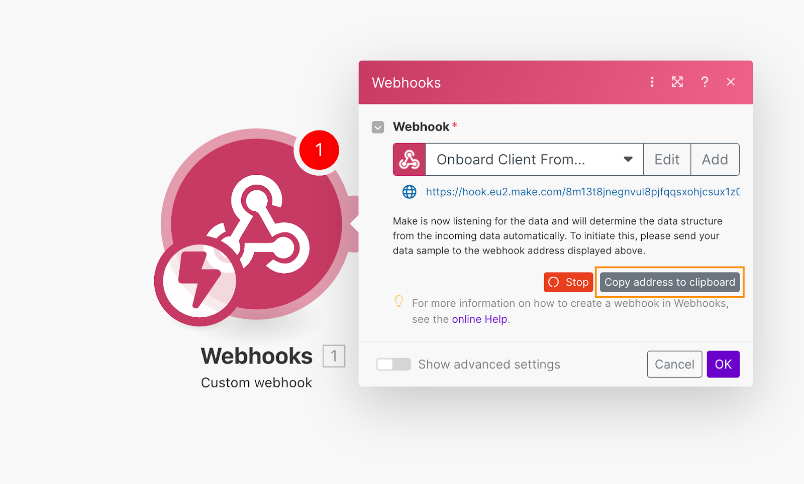 How to copy a webook URL to your clipboard in Make.
